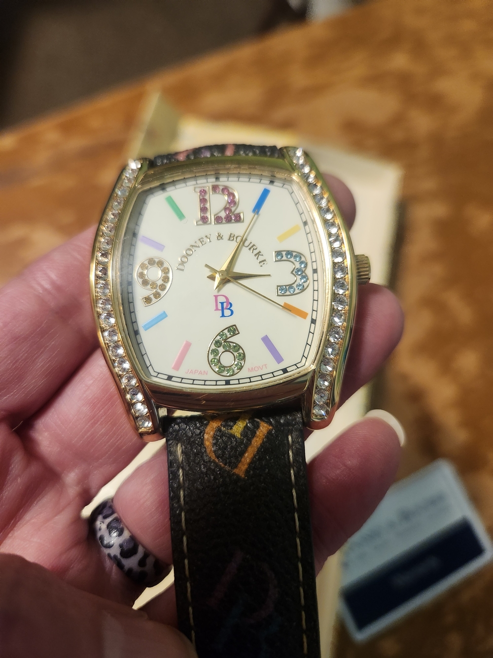 NIB Dooney & Bourke Multicolor DB Monogram Rhinestone Watch & Box